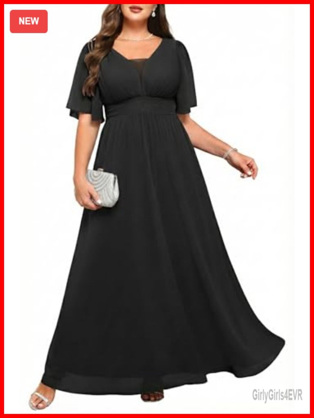 Plus Size Formal Chiffon Maxi Dress Flutter Sleeve Wedding Guest Gown